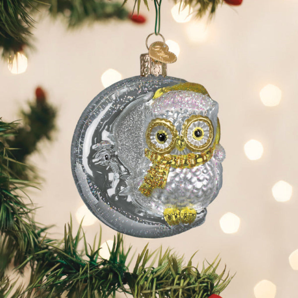 Sterling Snow Owl On Moon Ornament